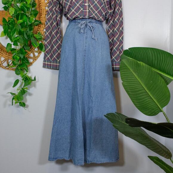 Vintage Lightwash Denim Midi Skirt Drawstring Waist Cotton 10 | Light Summer - Picture 2 of 11